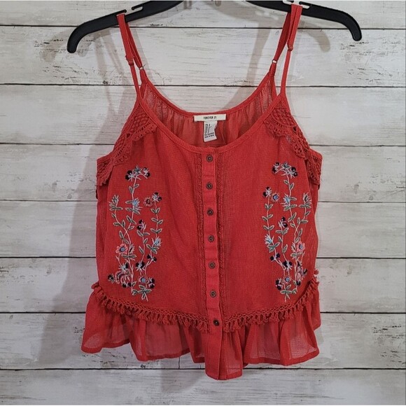 Forever 21 Sheer Embroidered Floral Cropped  Tank Top Adjustable Straps Sz Small - Picture 2 of 10